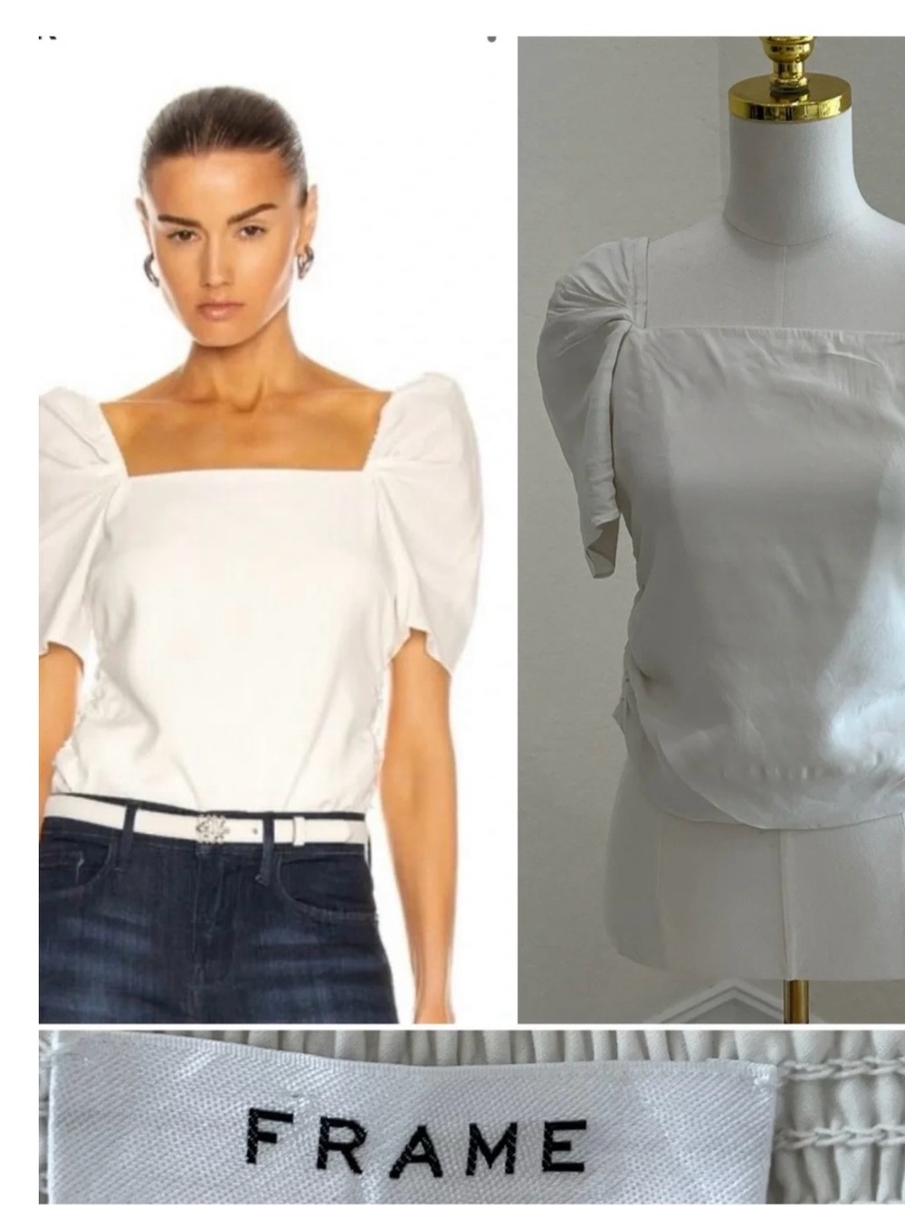 Frame White Square-Neck Puff Sleeve Top XS